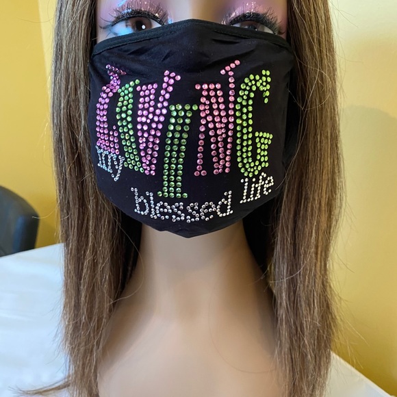 Living My Blessed Life Bling Rhinestone Face Mask Pink and Green - Picture 7 of 8